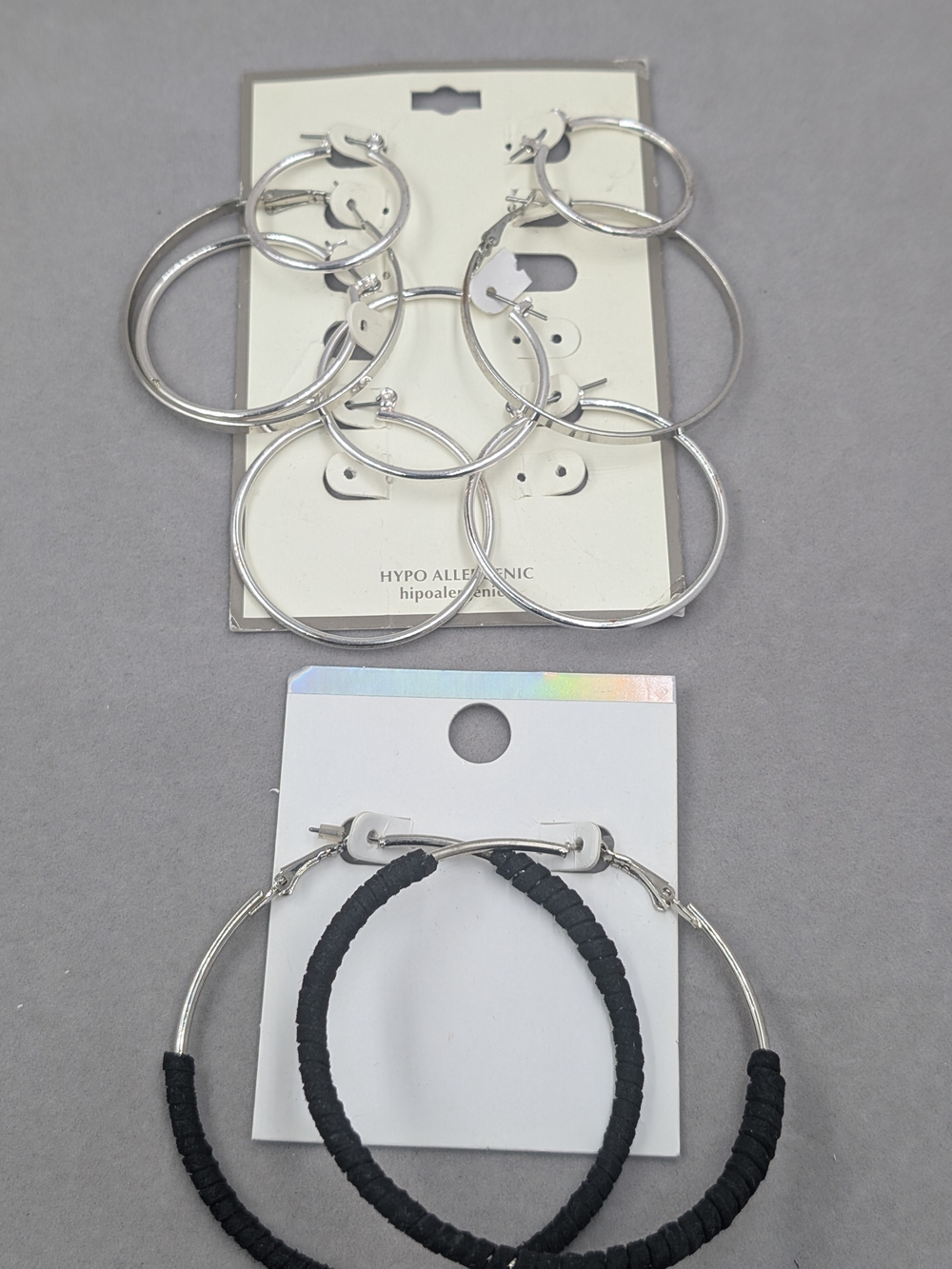 5 Pair Silver Tone Hoop Earring Bundle + Black Statement Hoops | 1136